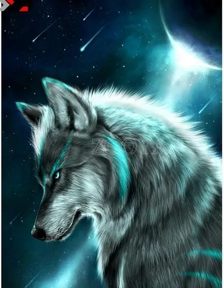 an image of a wolf with blue eyes in space