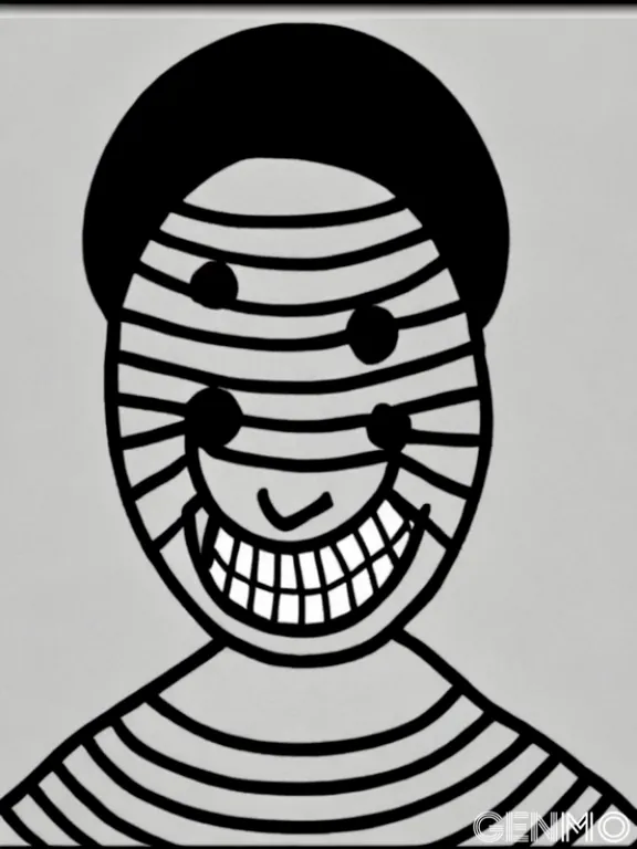 a black and white drawing of a person with a smile