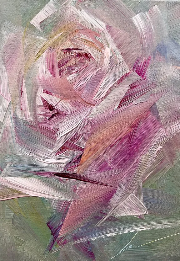 a painting of a pink rose on a green background