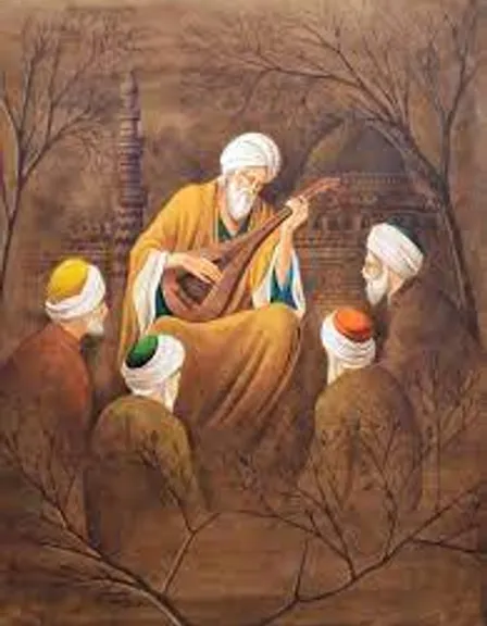 a painting of a man playing a musical instrument