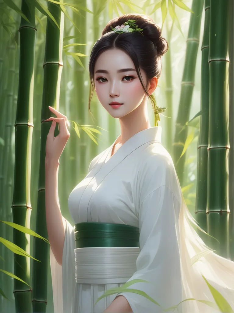 a woman in a white dress standing in front of bamboo trees