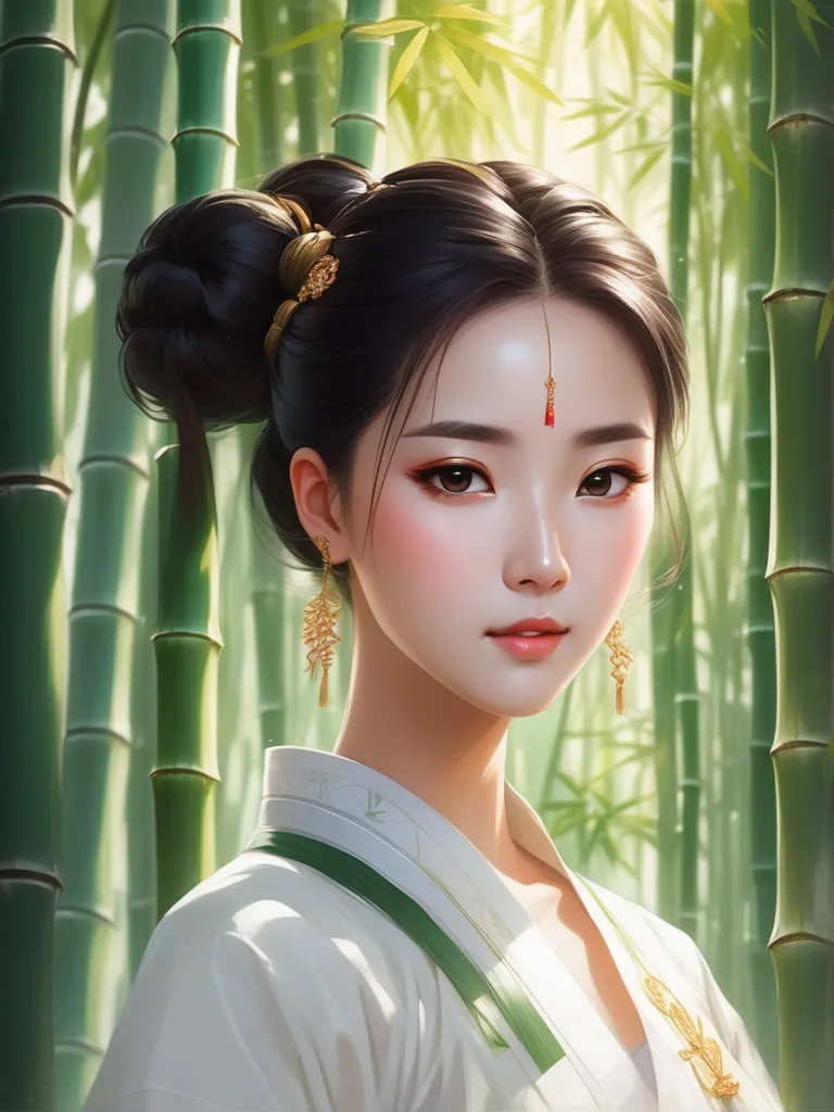 a painting of a woman standing in front of bamboo trees