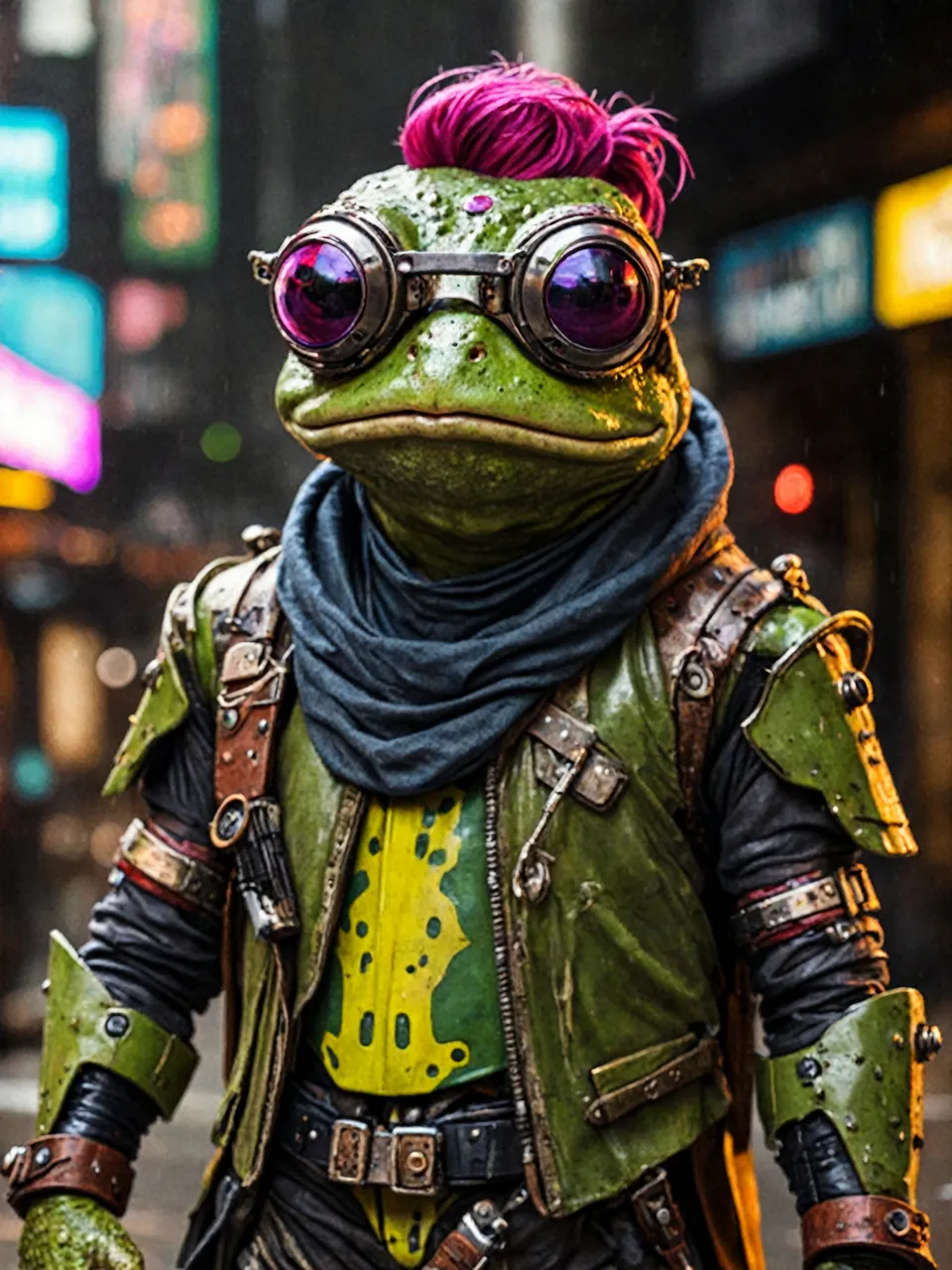 a man dressed as a frog with pink hair and goggles