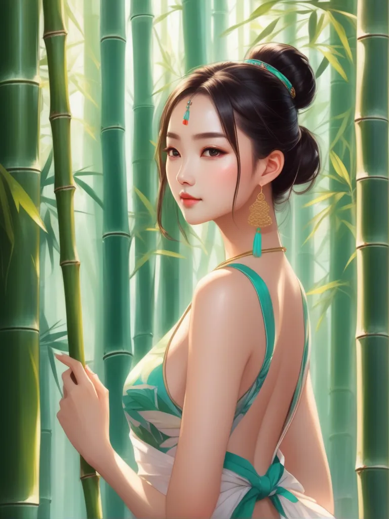 a painting of a woman standing in front of a bamboo tree