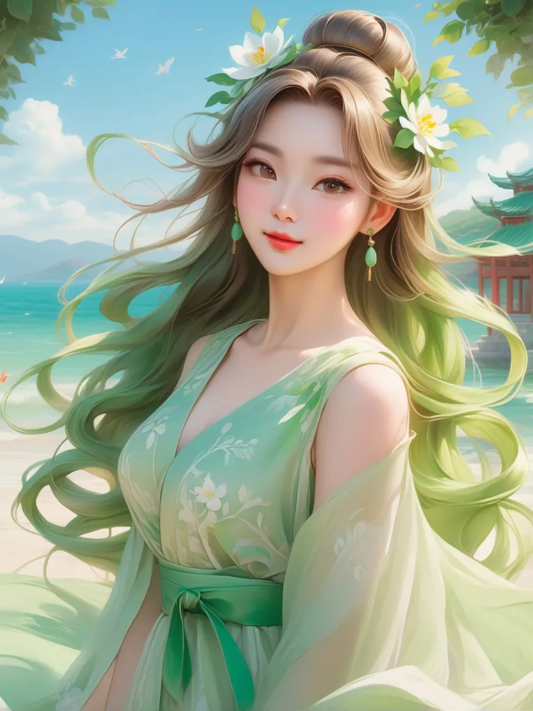 a girl in a green dress standing on a beach