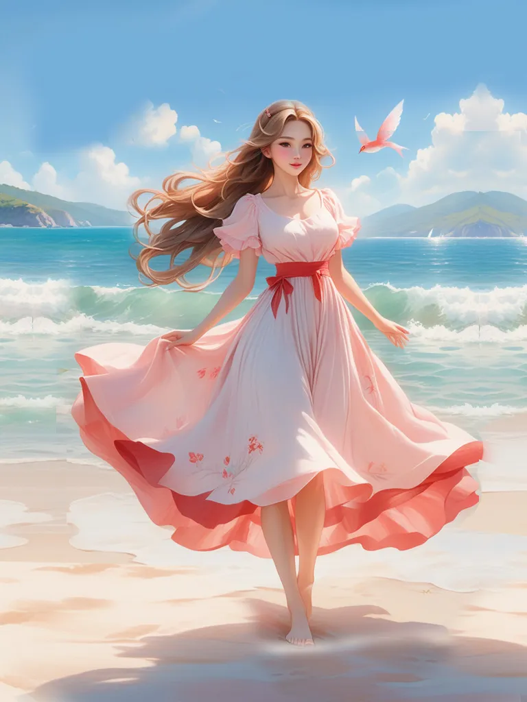 a painting of a woman walking on the beach