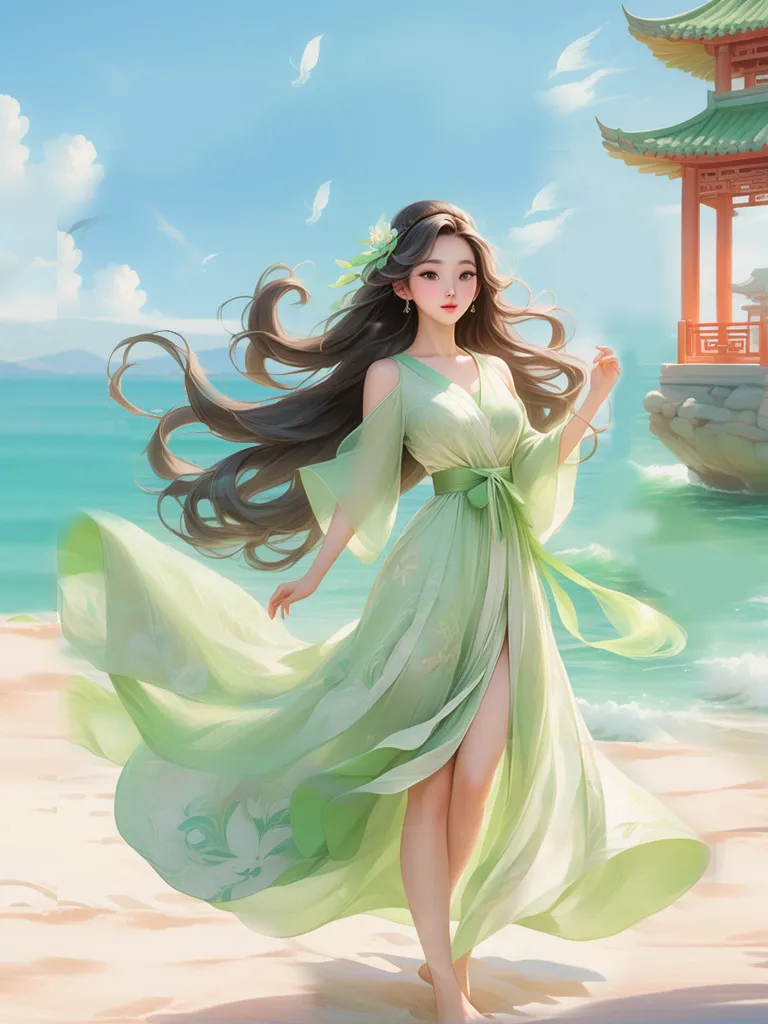 a woman in a green dress standing on a beach