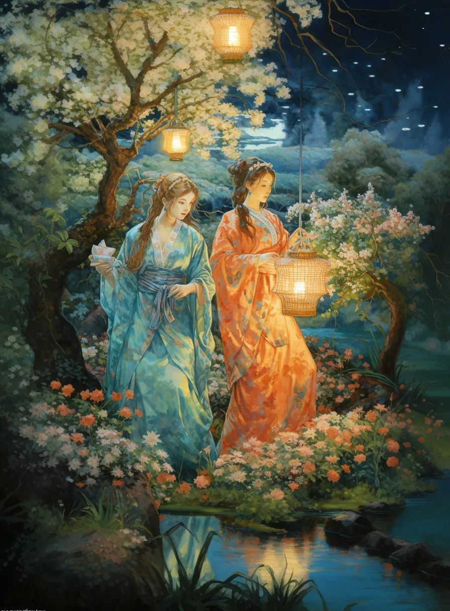 a painting of two women in a garden