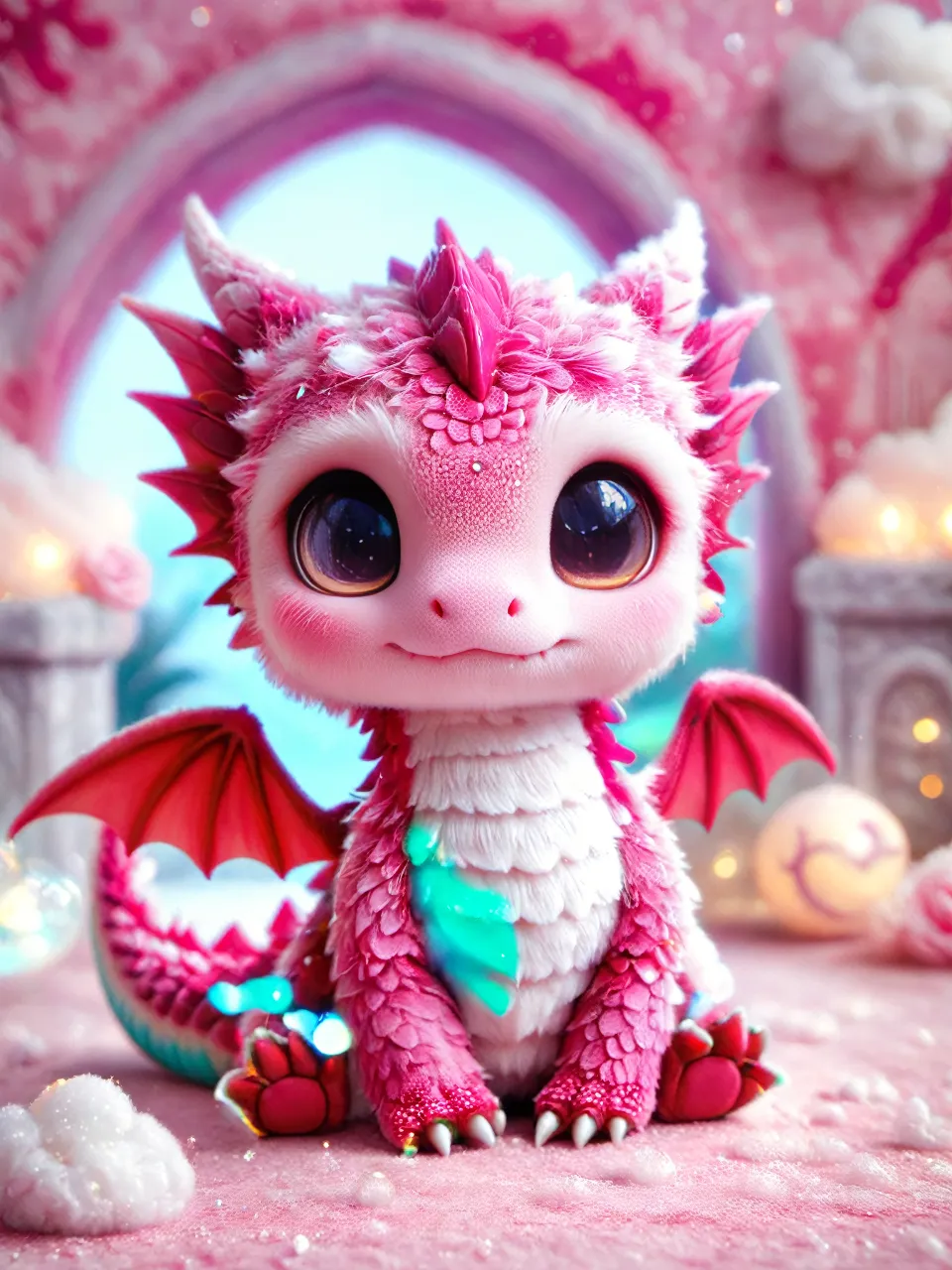 a pink dragon doll sitting on top of a table