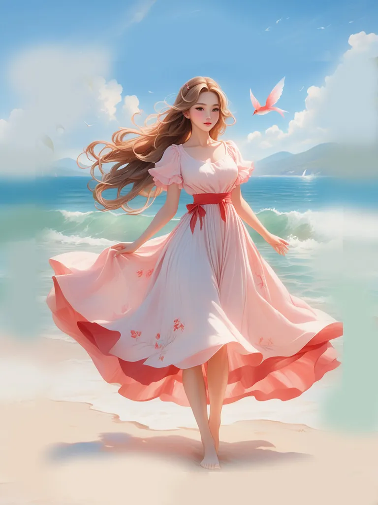 a woman in a pink dress is walking on the beach