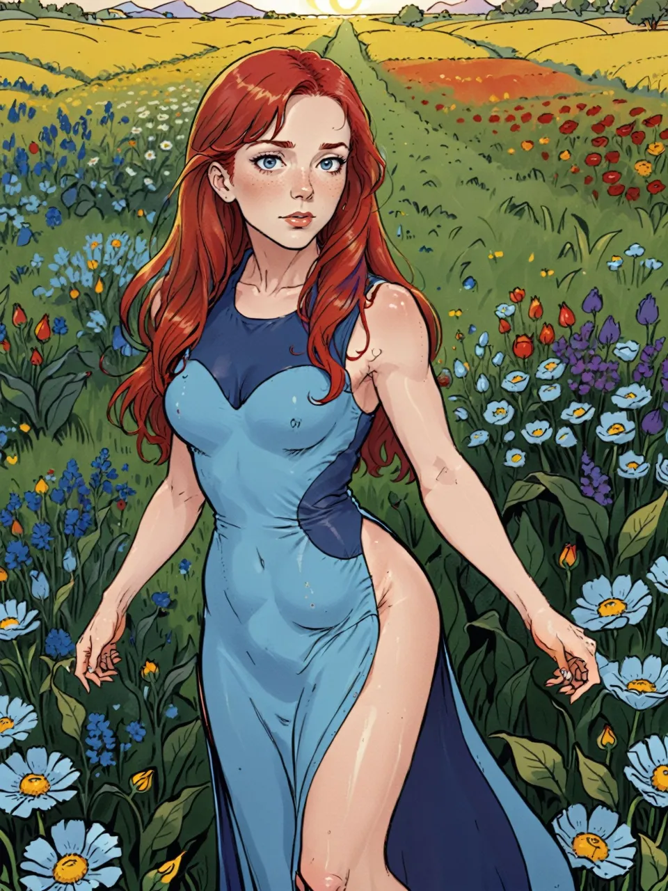 a woman in a blue dress standing in a field of flowers