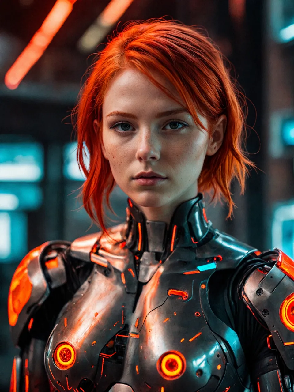 a woman with red hair wearing a futuristic suit