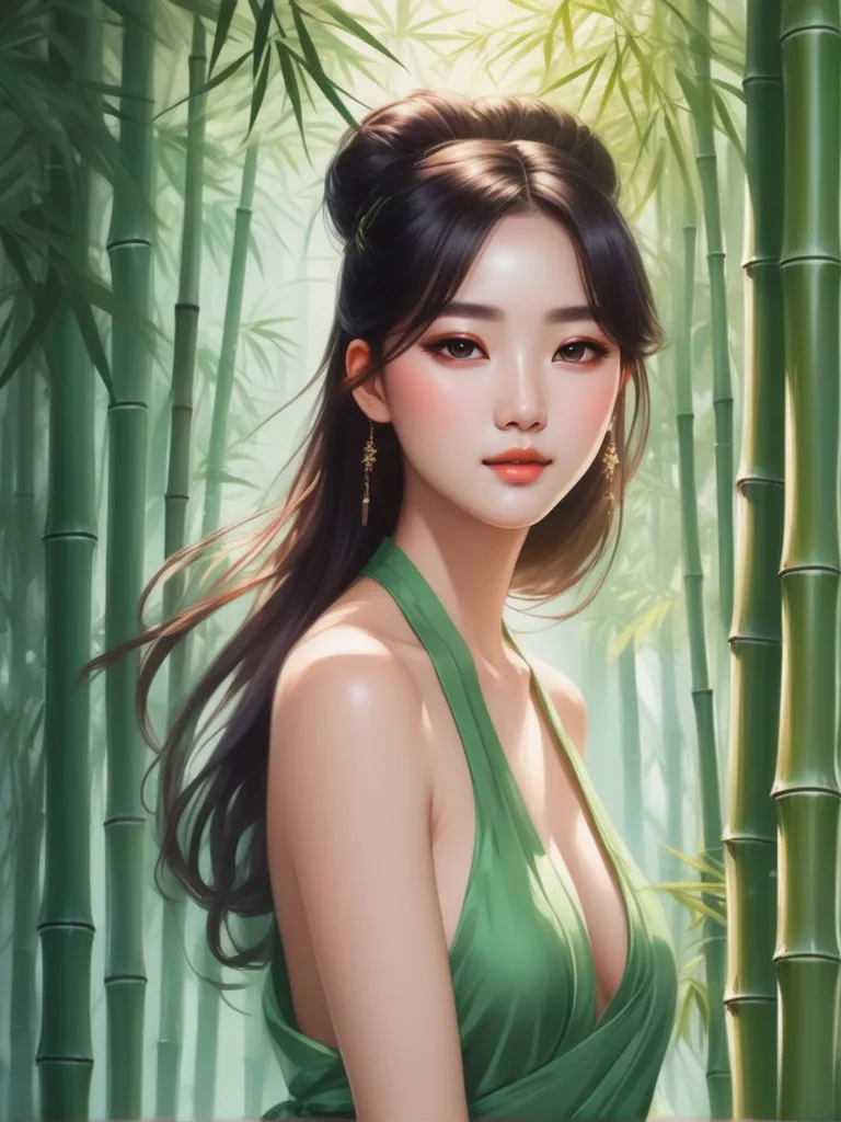 A picture of a woman in a green dress walking in a bamboo forest