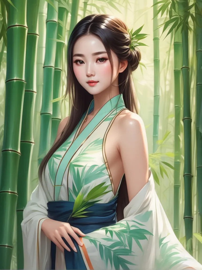 a painting of a woman standing in front of bamboo trees