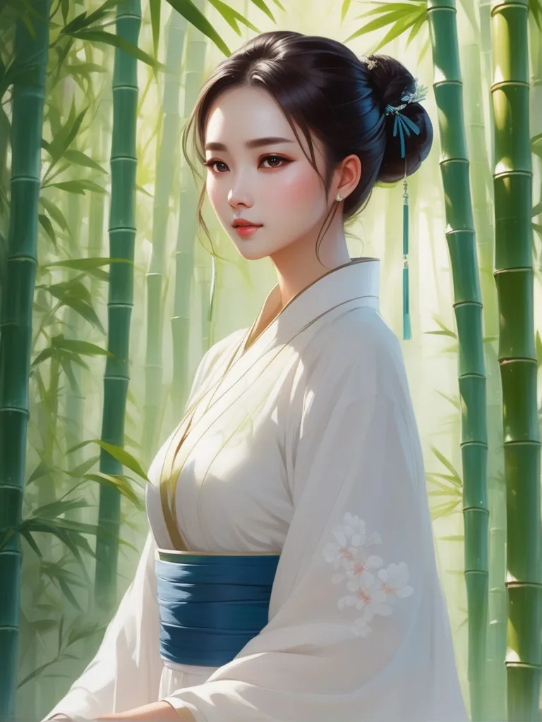 a painting of a woman standing in front of bamboo trees