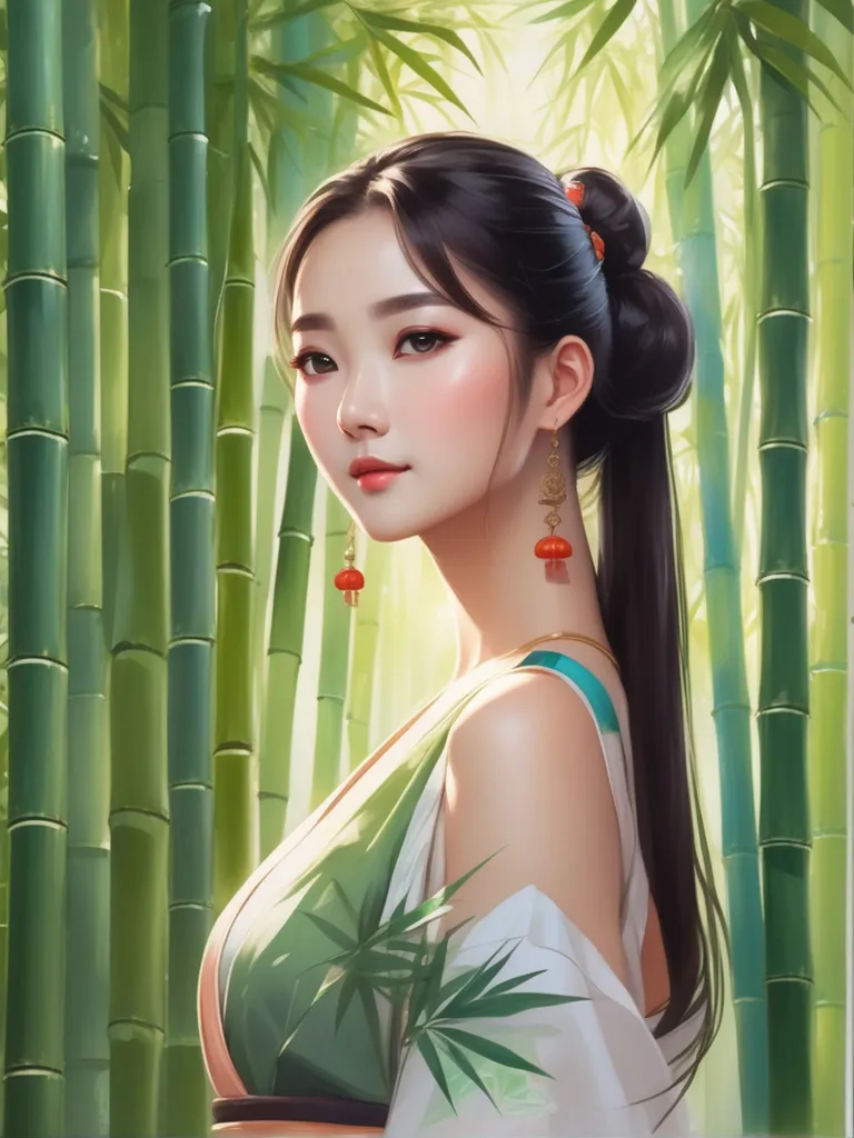 a painting of a woman standing in front of bamboo trees