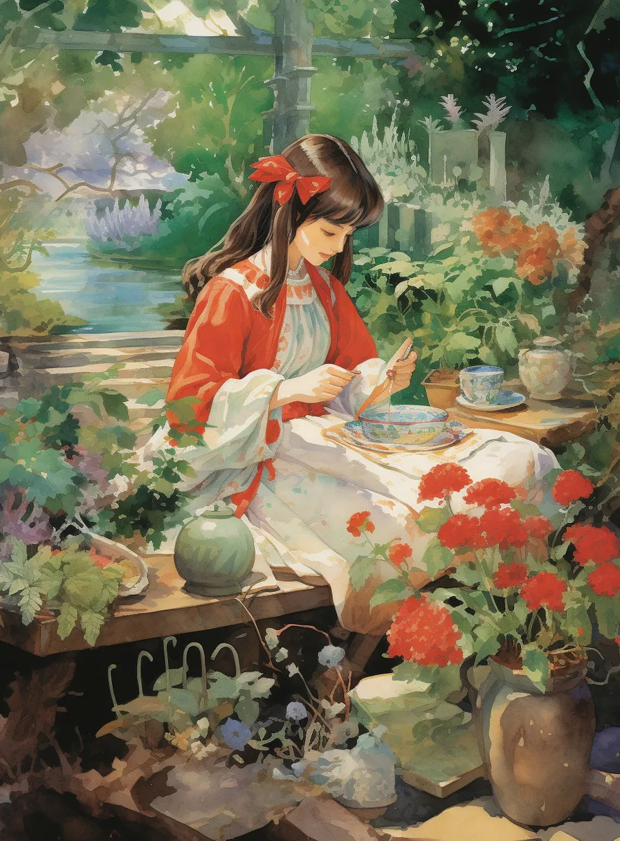 a painting of a girl sitting in a garden reading a book