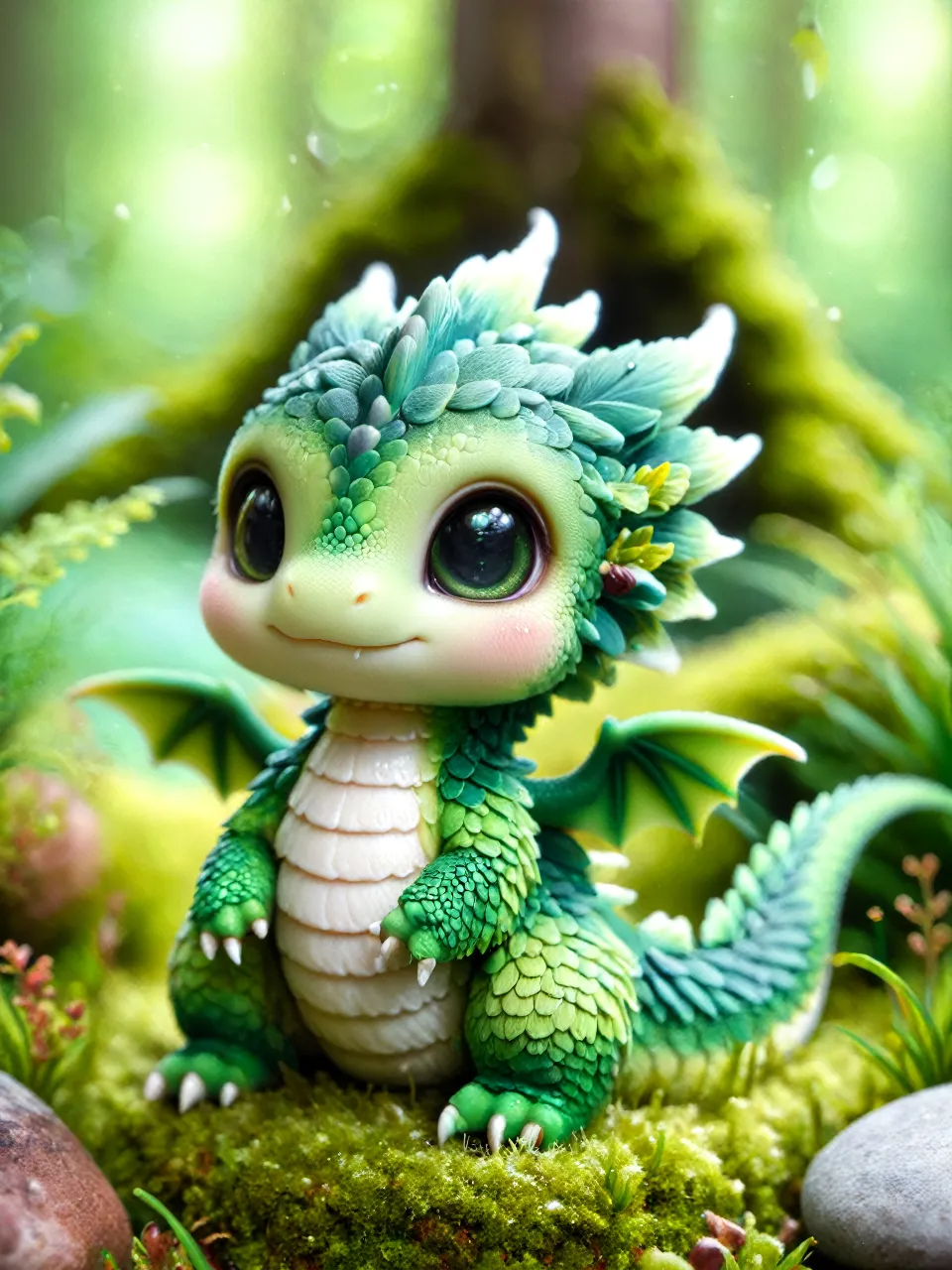 a small green dragon sitting on top of a moss covered ground