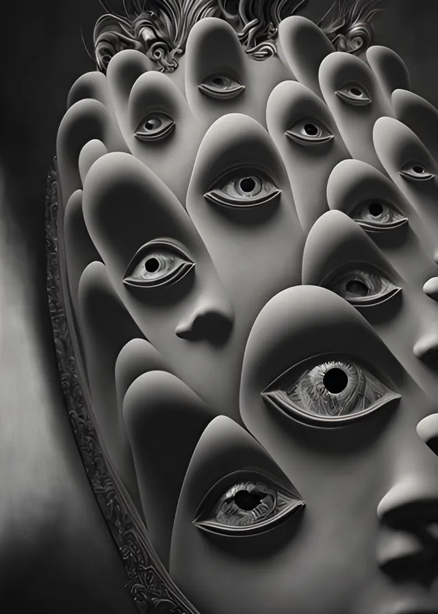 a black and white photo with many different eyes. organism, art, black-and-white, sculpture, font, eyelash, statue, pattern, monochrome photography, painting
