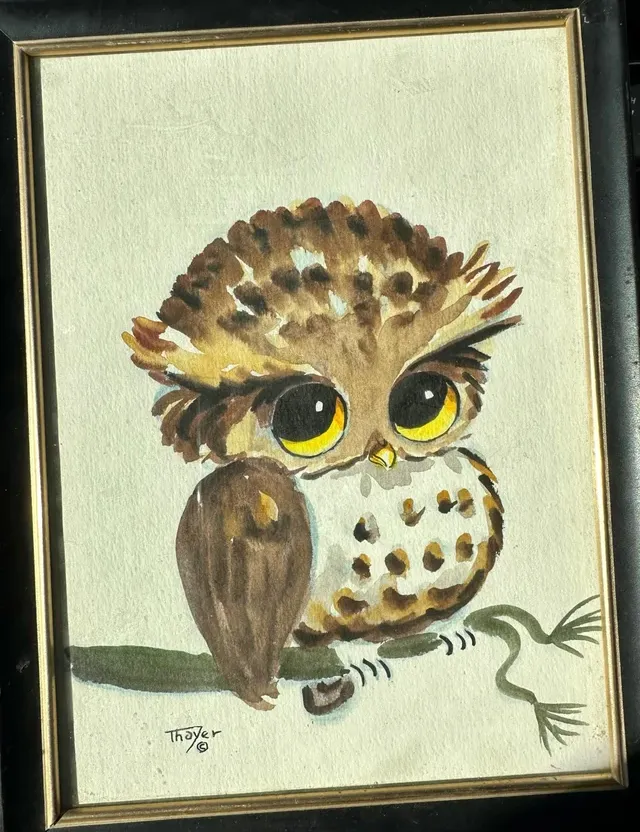 a painting of a baby owl sitting on a branch. bird, owl, beak, great grey owl, screech owl, painting, art, rectangle, picture frame, great horned owl