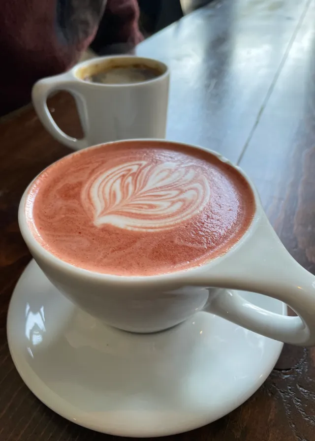 a cup of coffee with a leaf drawn on it. tableware, drinkware, coffee cup, wiener melange, dishware, single-origin coffee, flat white, espressino, cortado, cup