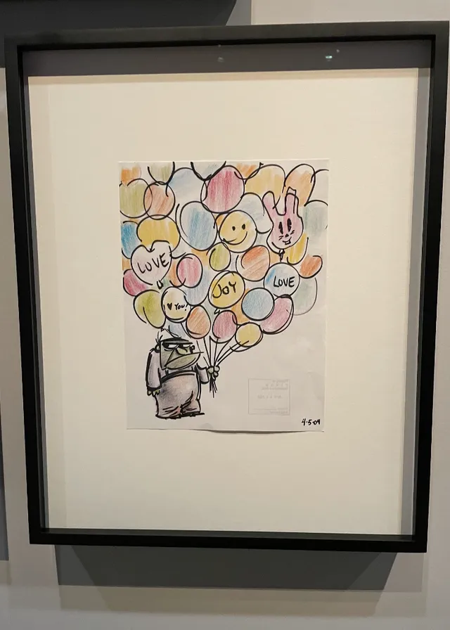 a drawing of a person holding a bunch of balloons. plant, rectangle, art, picture frame, creative arts, circle, paint, font, painting, visual arts