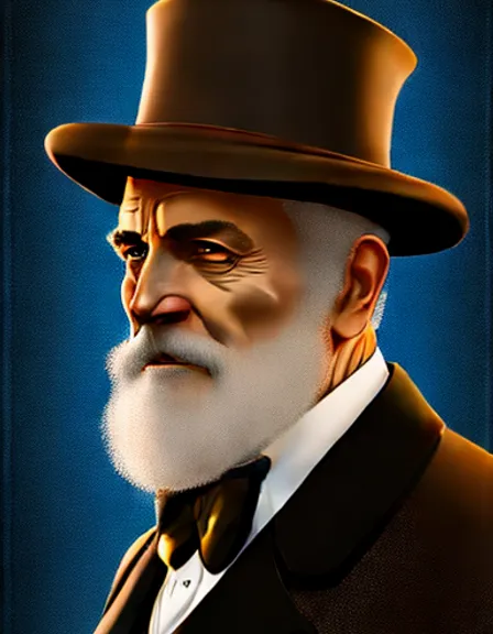 a painting of a man with a top hat and beard. hat, headgear, facial hair, costume hat, blazer, art, formal wear, collar, sun hat, moustache