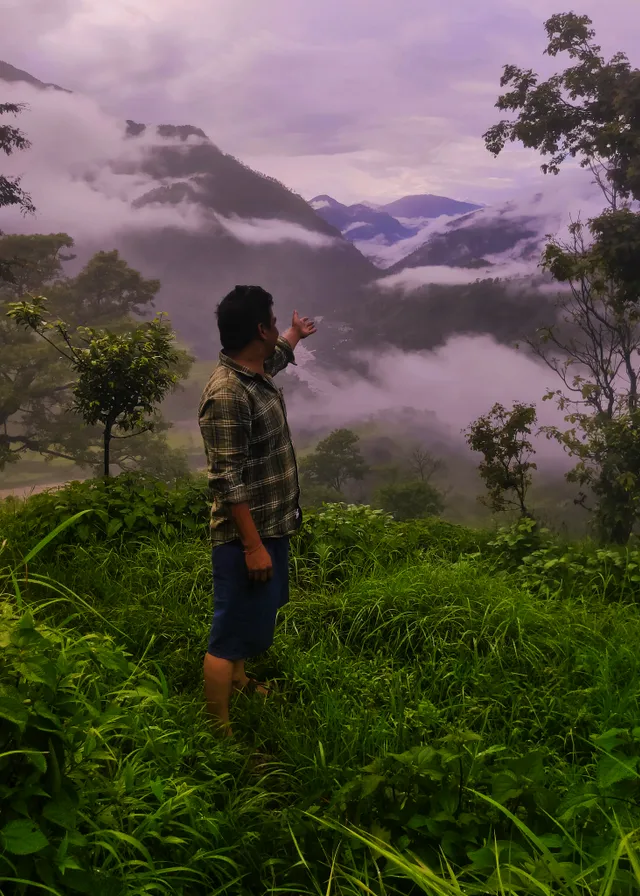 a man standing in the middle of a lush green field