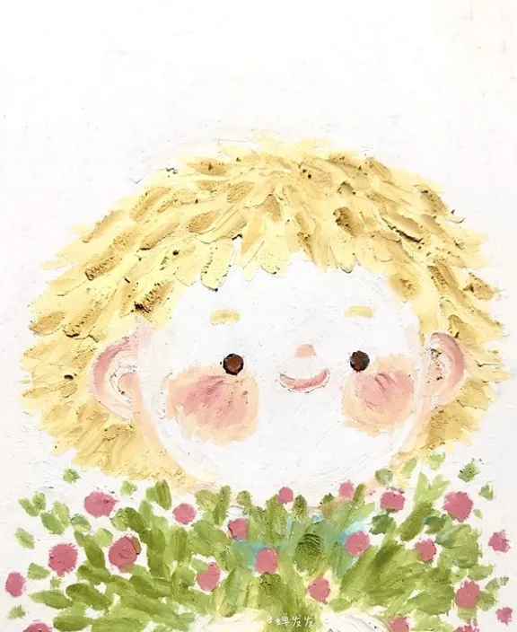 a painting of a boy with blonde hair holding a bouquet of flowers