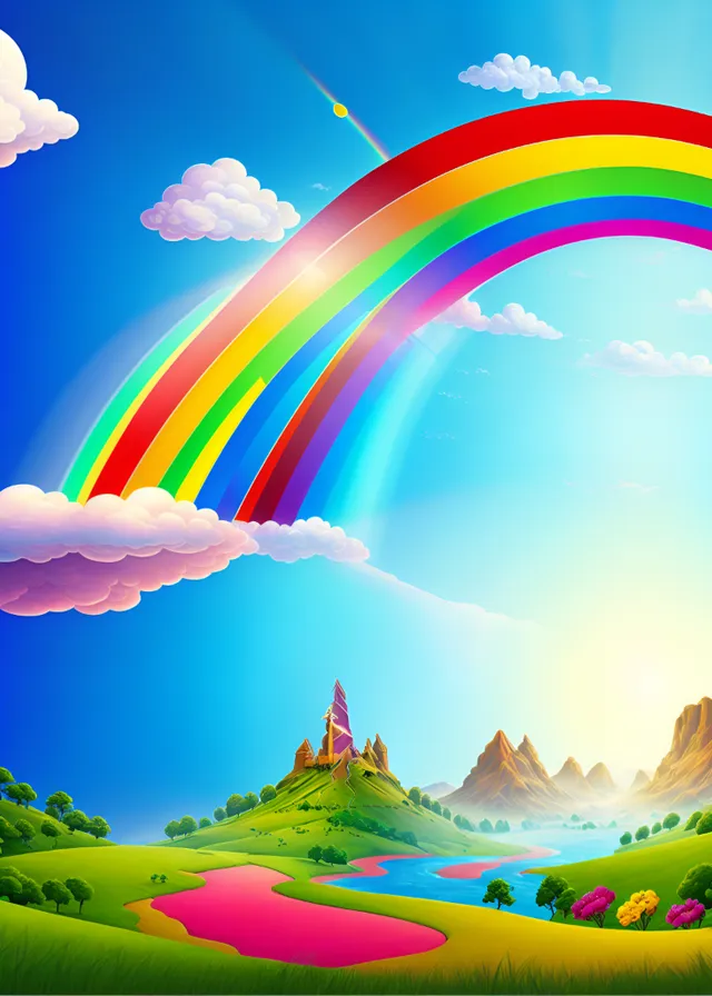 a painting of a rainbow in the sky