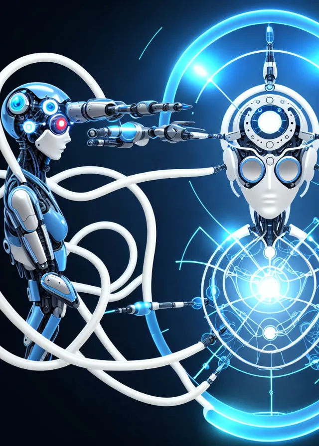 two humanoids are connected by wires and wires