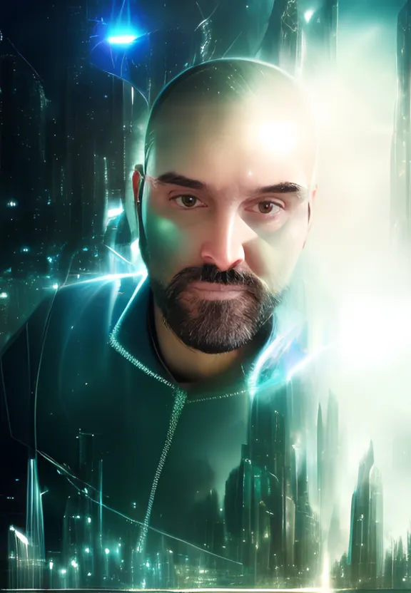 a man with a neon green beard in a futuristic city. have the beard be neon green