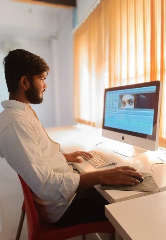 a man sitting at a desk using a phone to look at a computer. Change the computer to a phone