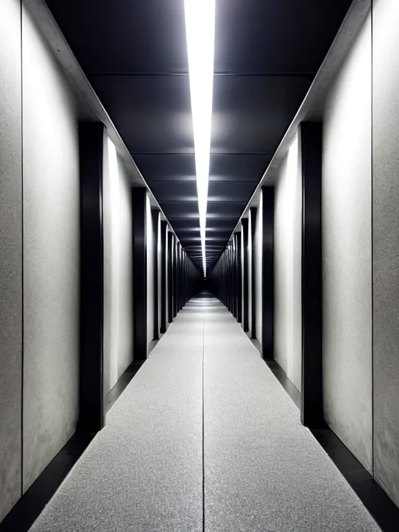a long hallway with a light at the end of it