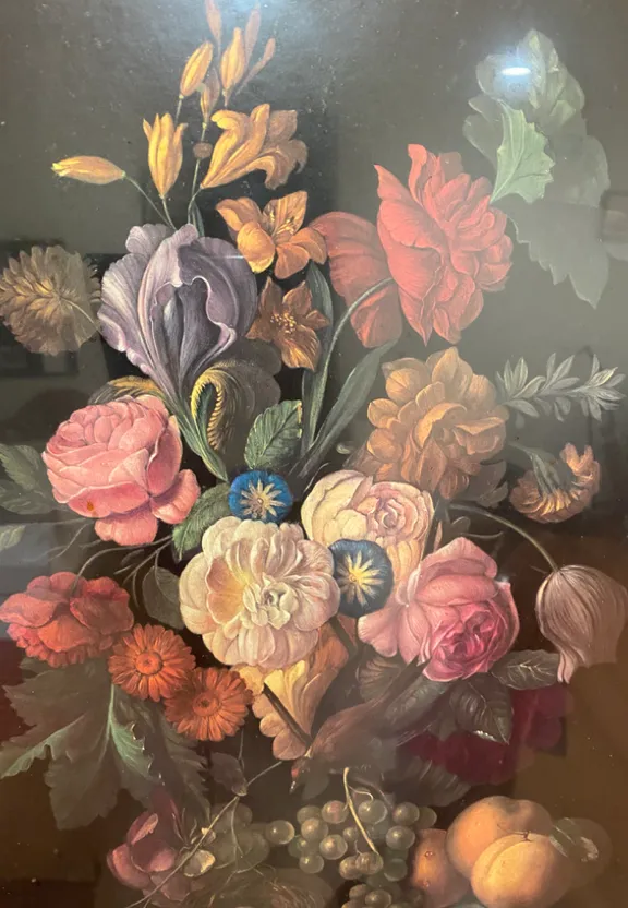 a painting of flowers and fruit on a table