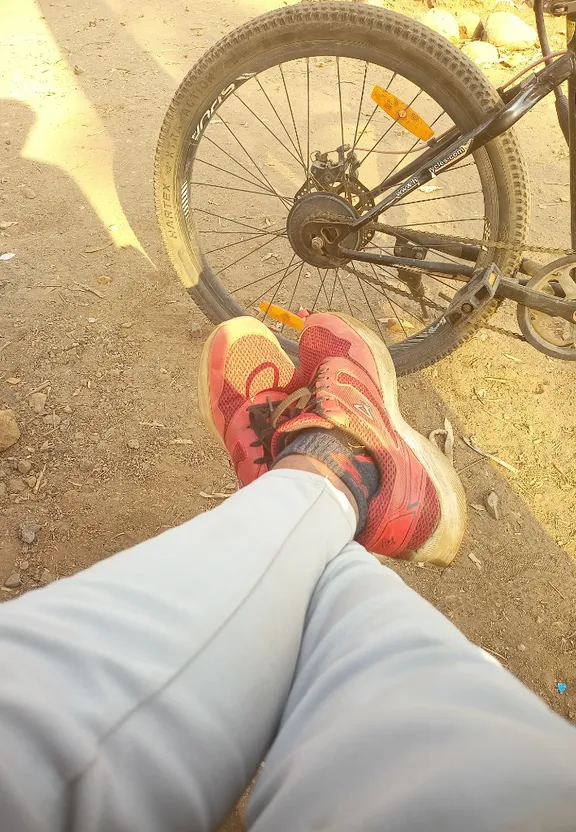 a person standing next to a bike on a dirt road paint the bike red, add a furry dice bag, and a sign that says "Road Trip"