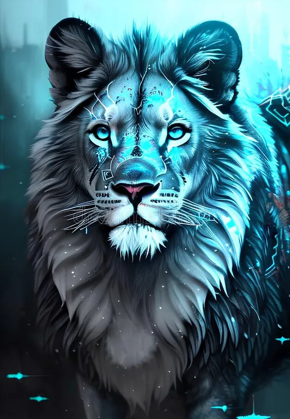 an image of a lion with blue eyes