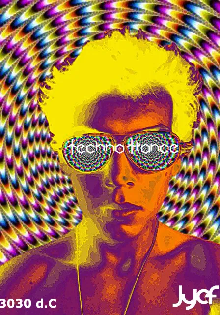 a man with sunglasses on his face in front of a psychedelic background