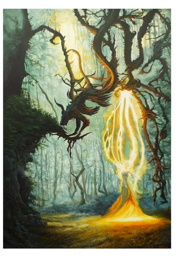 a painting of a tree in the middle of a forest