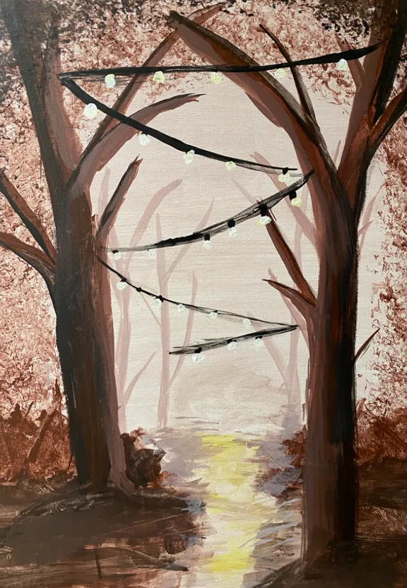 a painting of a path through a forest