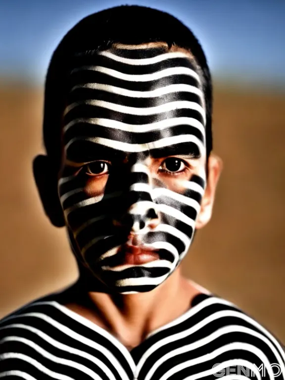 a young boy with black and white stripes on his face