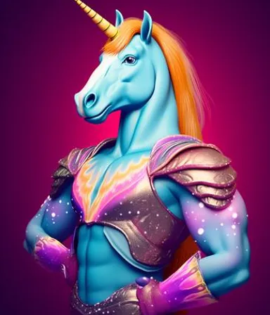 a blue and orange unicorn standing in front of a purple background