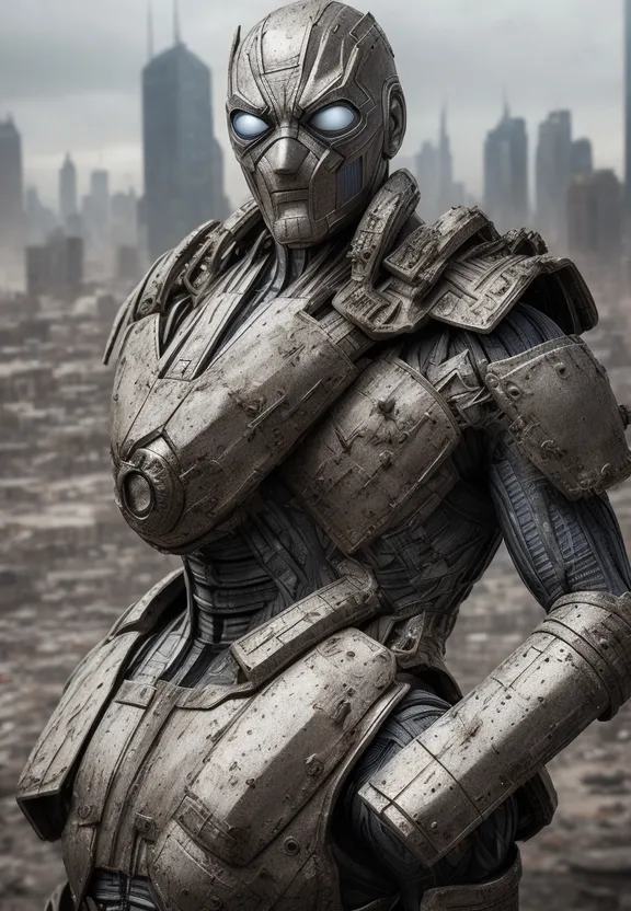 a robot standing in front of a city