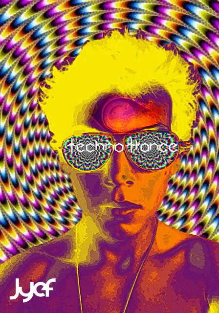 a man with sunglasses on his face in front of a psychedelic background