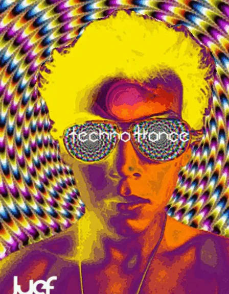 a man with sunglasses on his face in front of a psychedelic background