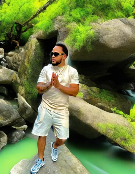 a man standing on a rock in front of a stream