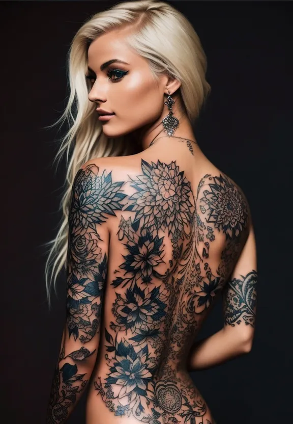 Generate a video where the appearance of a beautiful tattooed girl is transformed. Start with an image of the girl with long blonde hair and visible tattoos on her skin. As the video progresses, the girl's tattoos change in shape and design, showcasing different patterns and colors on her skin.

Next, the position of the girl changes as she adopts different poses and positions. It can begin with a relaxed pose and then transition to more dynamic and expressive positions.

Meanwhile, the girl's blonde hair also undergoes astonishing changes. Initially, her hair is long and blonde, but as the video progresses, her hair becomes shorter and undergoes dramatic color transformations. It can transform into vibrant pink, then electric blue, and finally into bright green.

Ensure that the transitions between different tattoos, positions, and hair changes are smooth and visually appealing. The goal is to highlight the girl's versatility and transformative abilities, showcasing how tattoos and hair can be ever-changing and fascinating artistic expressions.