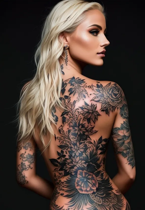 Generate a video where the appearance of a beautiful tattooed girl is transformed. Start with an image of the girl with long blonde hair and visible tattoos on her skin. As the video progresses, the girl's tattoos change in shape and design, showcasing different patterns and colors on her skin.

Next, the position of the girl changes as she adopts different poses and positions. It can begin with a relaxed pose and then transition to more dynamic and expressive positions.

Meanwhile, the girl's blonde hair also undergoes astonishing changes. Initially, her hair is long and blonde, but as the video progresses, her hair becomes shorter and undergoes dramatic color transformations. It can transform into vibrant pink, then electric blue, and finally into bright green.

Ensure that the transitions between different tattoos, positions, and hair changes are smooth and visually appealing. The goal is to highlight the girl's versatility and transformative abilities, showcasing how tattoos and hair can be ever-changing and fascinating artistic expressions.