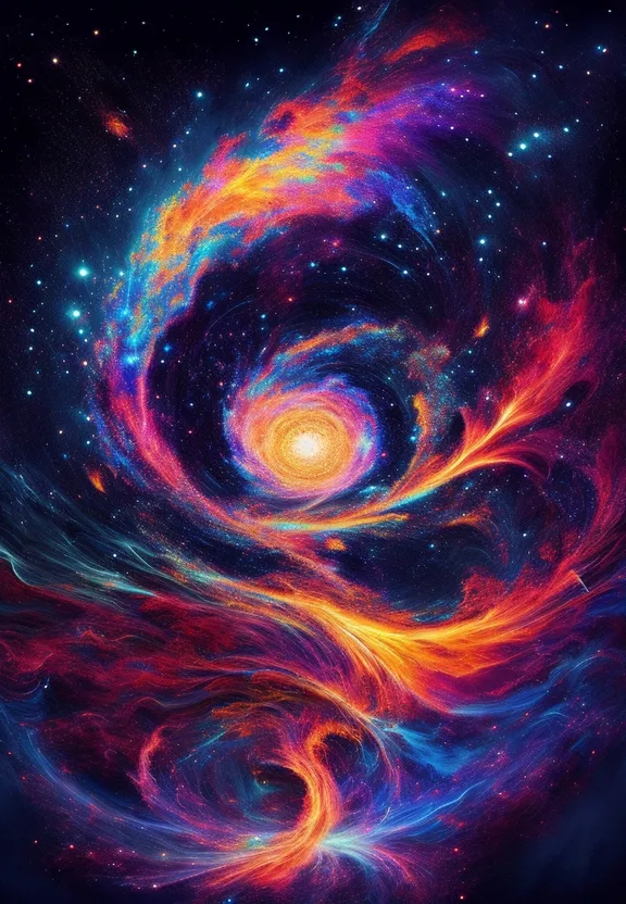 A painting of a spiral galaxy with stars in the background. Generate a video showcasing an explosion of musical notes in the universe, with the notes highlighted by vibrant colors that transition into neon hues and eventually fade into matte tones.

The video begins with a backdrop of the universe, dark and adorned with sparkling stars. Suddenly, a single musical note emerges at the center of the screen. This note shines brightly, radiating