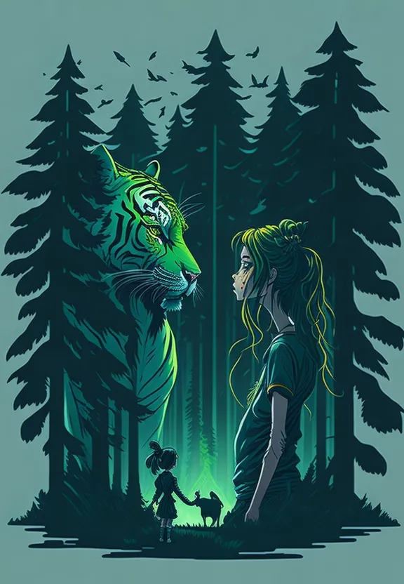 a woman standing next to a tiger in a forest